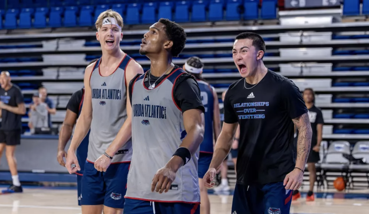 Center Mantas Kocanas (left), guards Devin Vanterpool (middle) and Liam Dayco-Green, walking together during FAU men’s basketball practice on Sept. 26, 2024. 